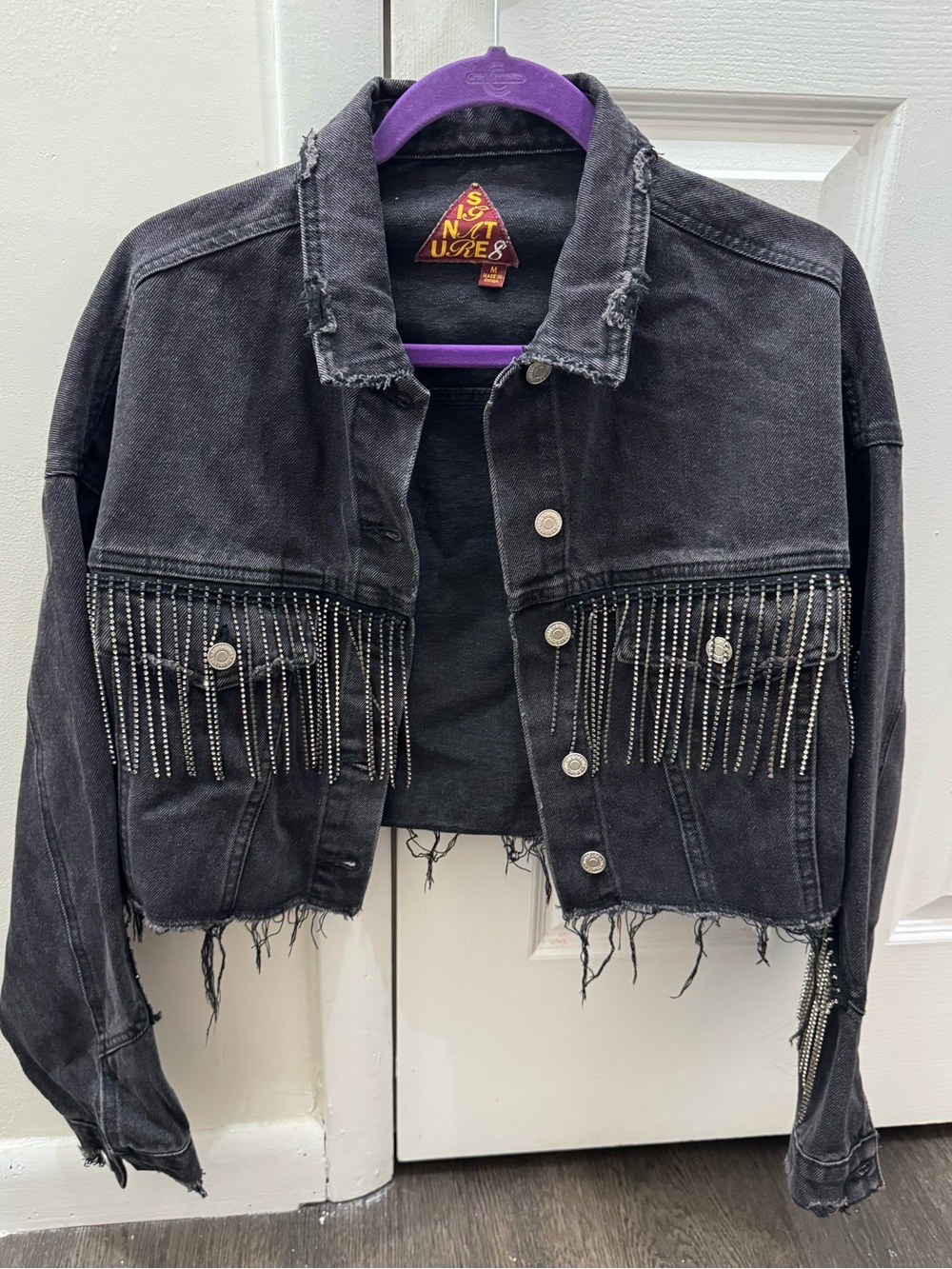 Distressed Black Cropped Denim Jacket with Silver Fringe- Medium